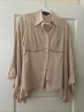 Guess by Marciano Cream Lace-Trim Button Front Blouse